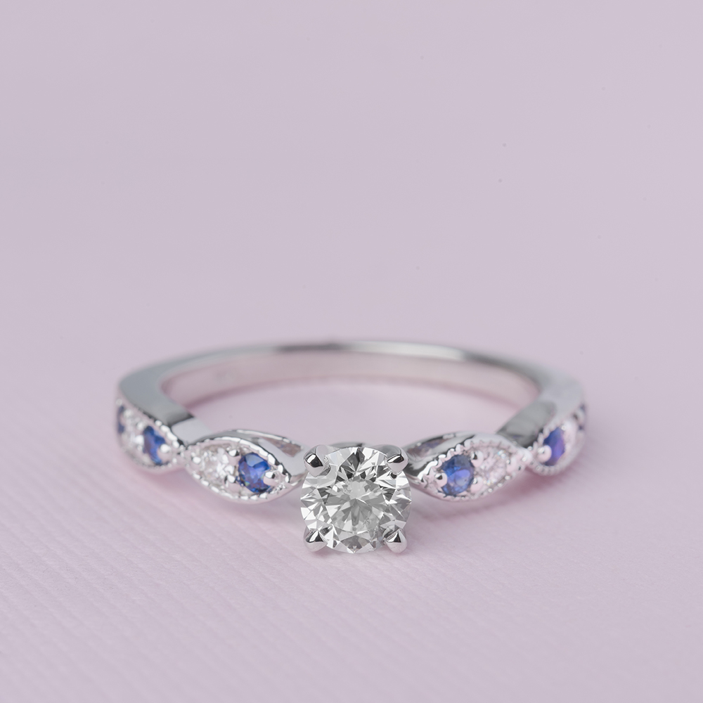 0.65 Ct. Diamond Vintage Art Deco Engagement Ring With Sapphire In 14K ...