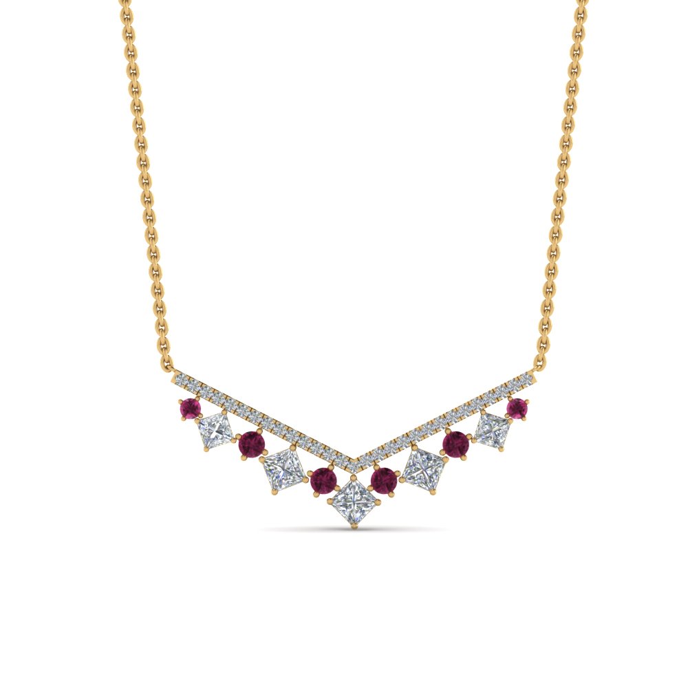 0.75 carat diamond v necklace with pink sapphire in FDPD8954GSADRPIANGLE1 NL YG