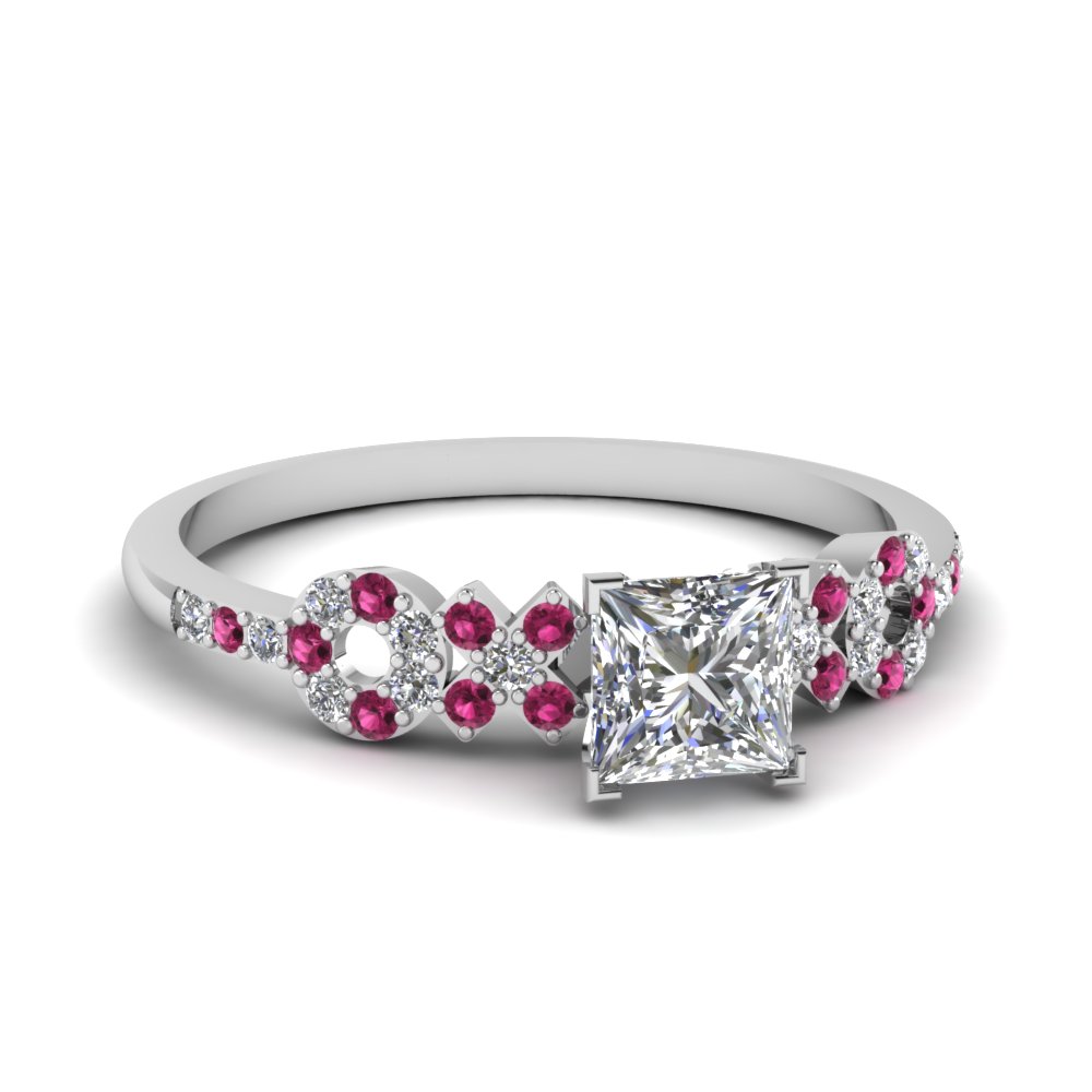 0.75 Ct. Princess Cut Simple Xo Accent Diamond Engagement Ring With Pink  Sapphire In 14K White Gold | Fascinating Diamonds