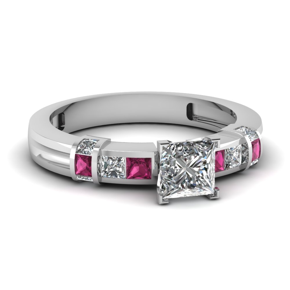 1 Carat Princess Diamond Bar And Channel Setting Engagement Ring With Pink  Sapphire In 18K White Gold