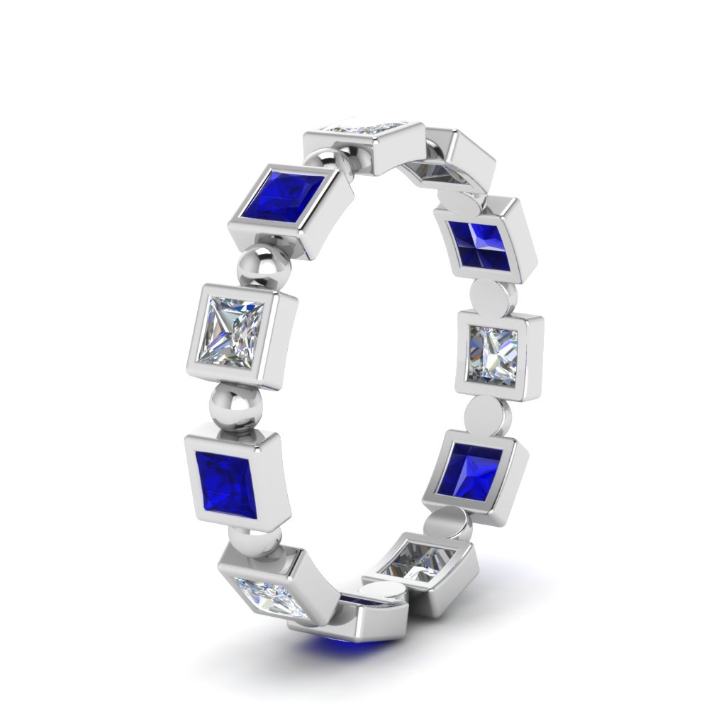 1 Carat Princess Cut Bead Eternity Band with 14K White Gold Blue Sapphire