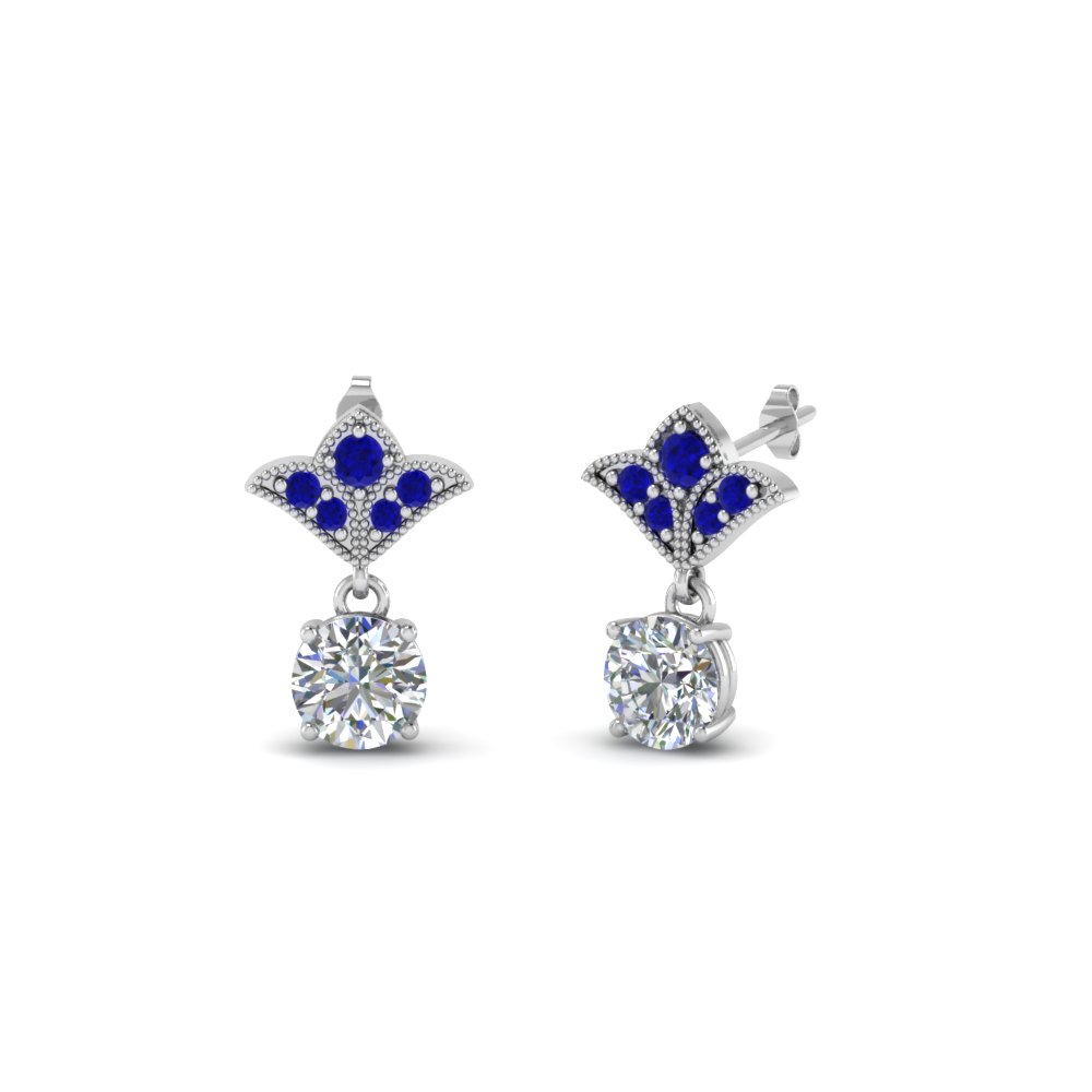 1 ct. round art deco design diamond earring with blue sapphire in 18K white gold FDEAR8425 0.50CTGSABL NL WG