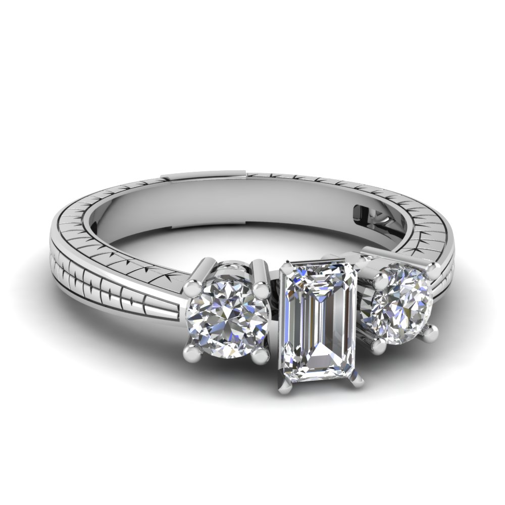 4 Ct Asscher Emerald & Diamond 3-Stone Art Deco Wedding Ring 14k White Gold Over