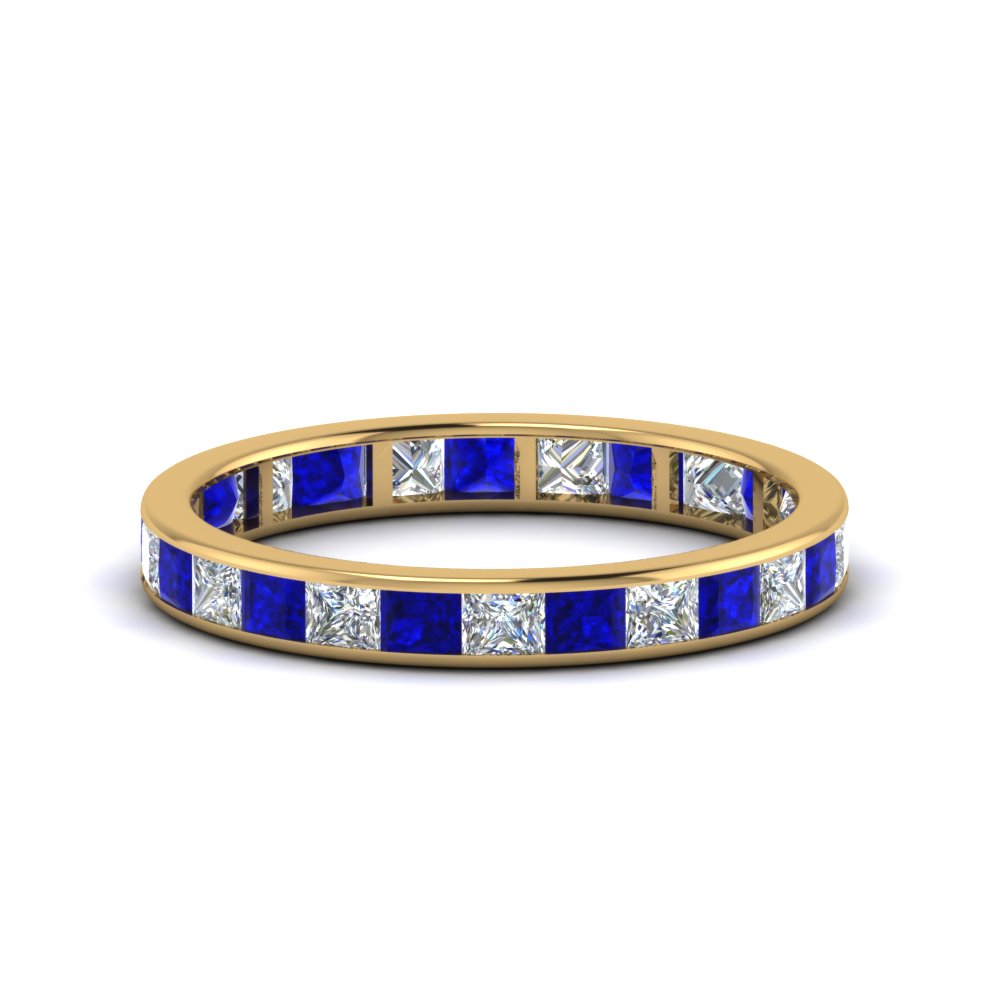 2 carat princess cut diamond eternity band with blue sapphire in 14K yellow gold FDEWB8384 2.0CTBGSABL NL YG