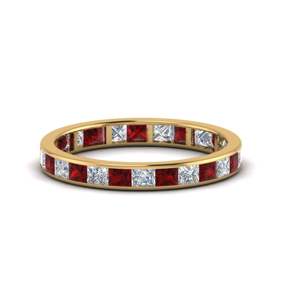 2 carat princess cut diamond eternity band with ruby in 14K yellow gold FDEWB8384 2.0CTBGRUDR NL YG