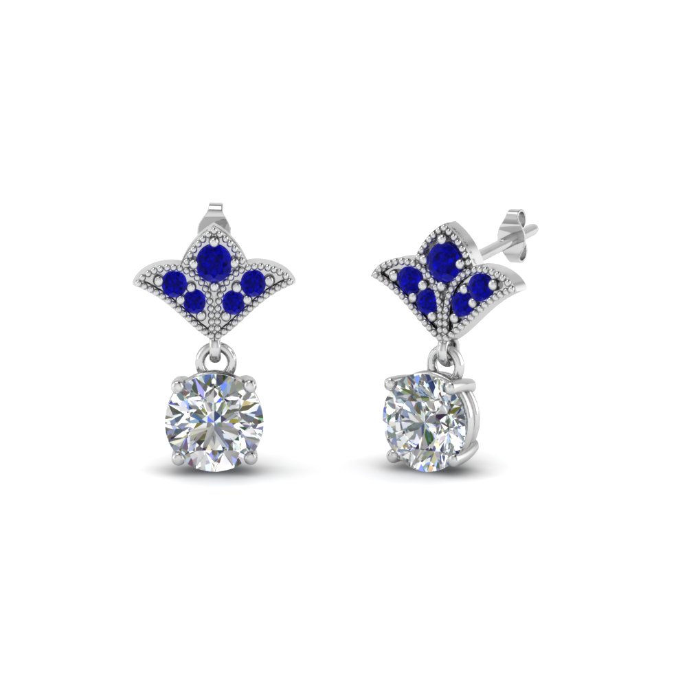 2 carat round drop antique design diamond earring with blue sapphire in 18K white gold FDEAR8425 1.0CTGSABL NL WG