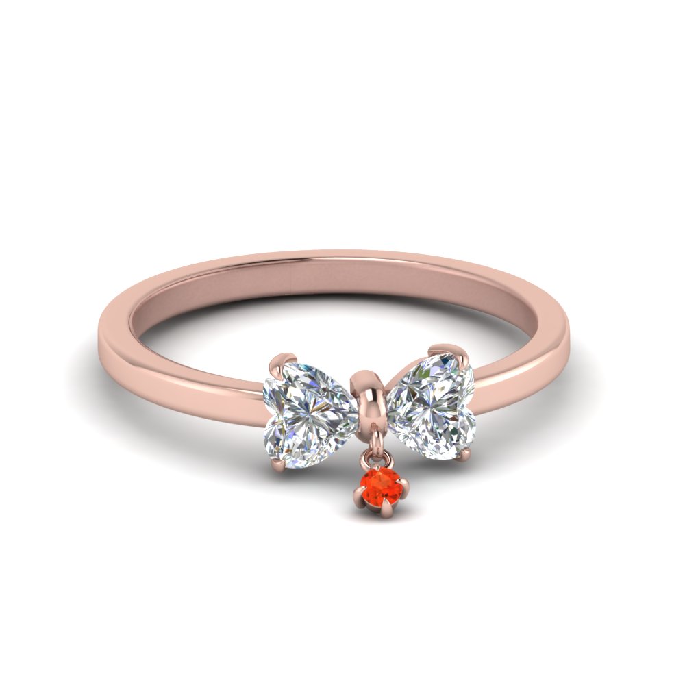 2 Heart Shaped Diamond Drop Ring With Orange Topaz In 14K Rose Gold