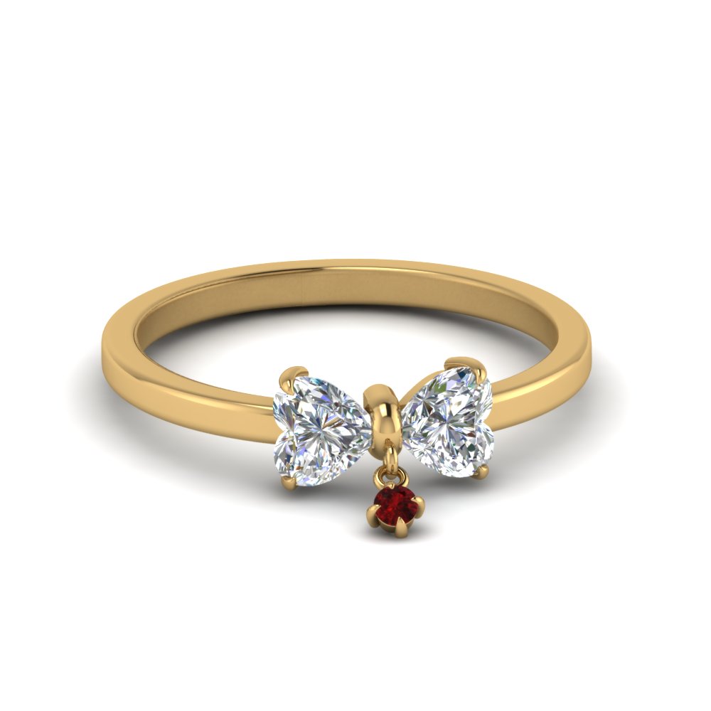 2 Heart Shaped Diamond Drop Ring With Ruby In 14K Yellow Gold