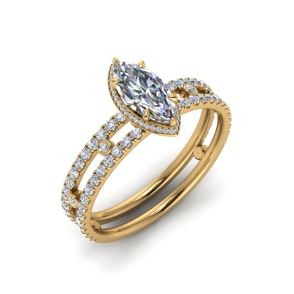 2 Row Marquise Man Made Diamond Ring 2 Carat with 14K Yellow Gold White Diamond