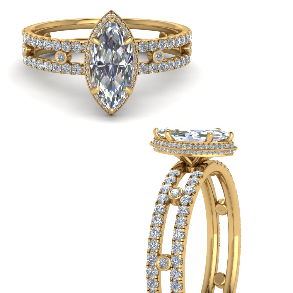 2 Row Marquise Man Made Diamond Ring 2 Carat with 14K Yellow Gold White Diamond