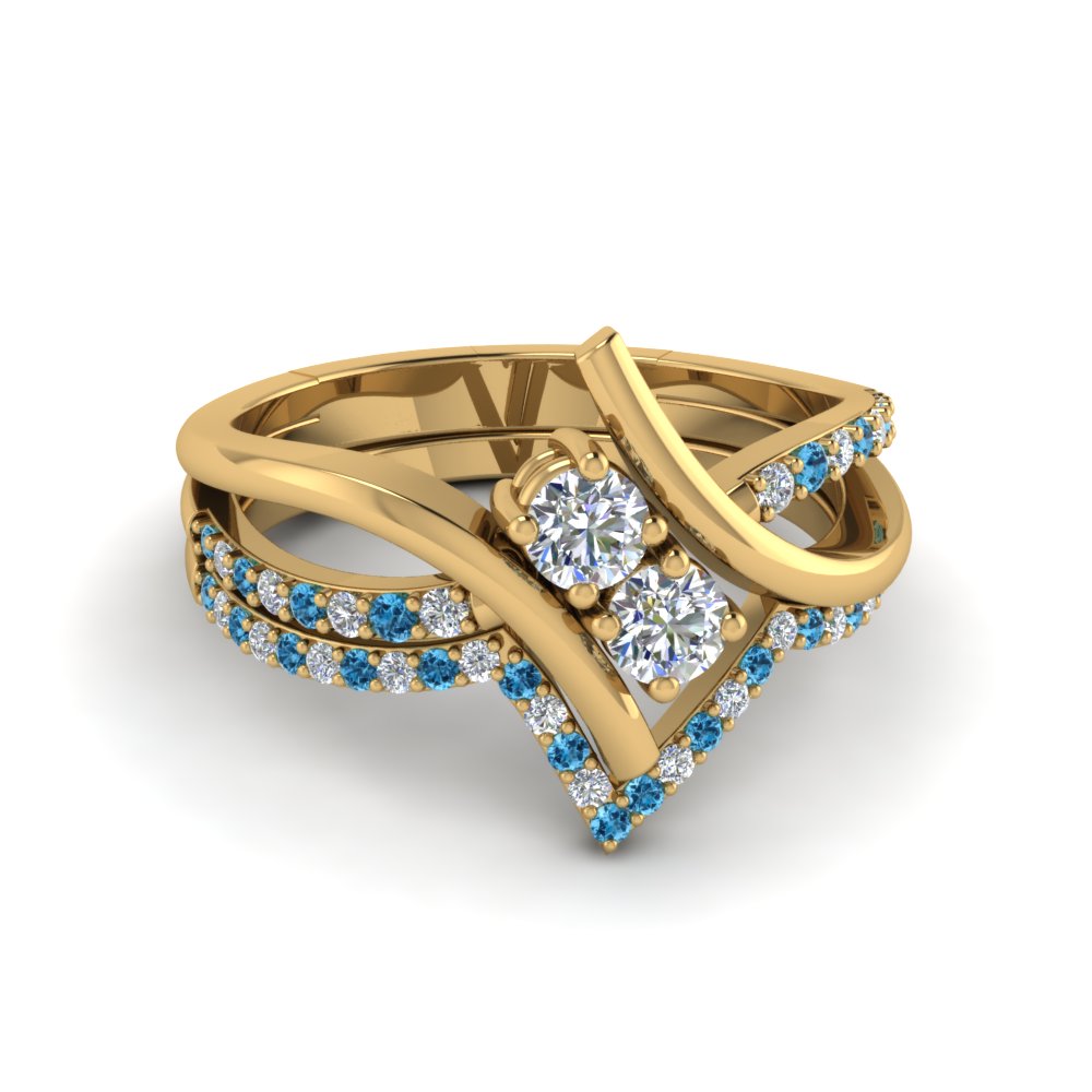 2 Stone Bypass diamond Bridal Set With Blue Topaz In 14K Yellow Gold