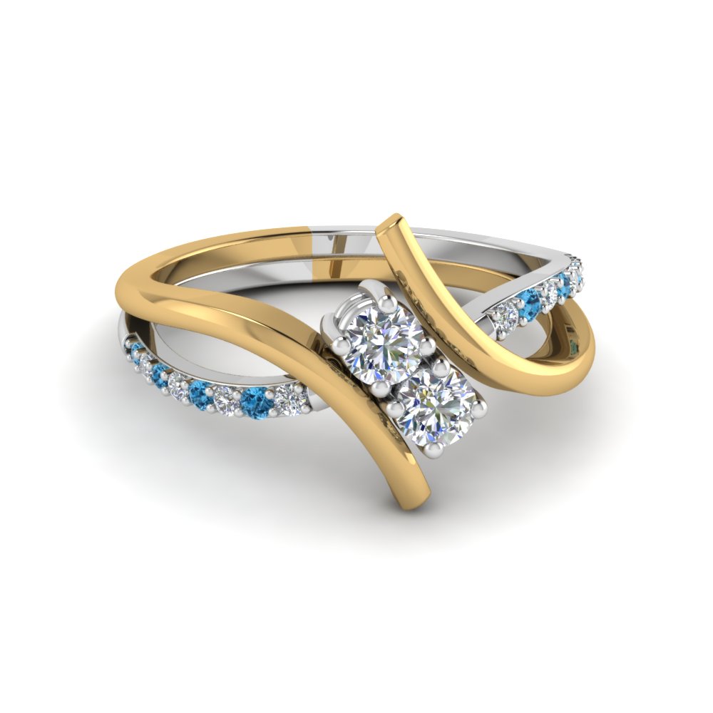 2 Stone Diamond Alternate Engagement Ring With Blue Topaz In 18K Yellow ...