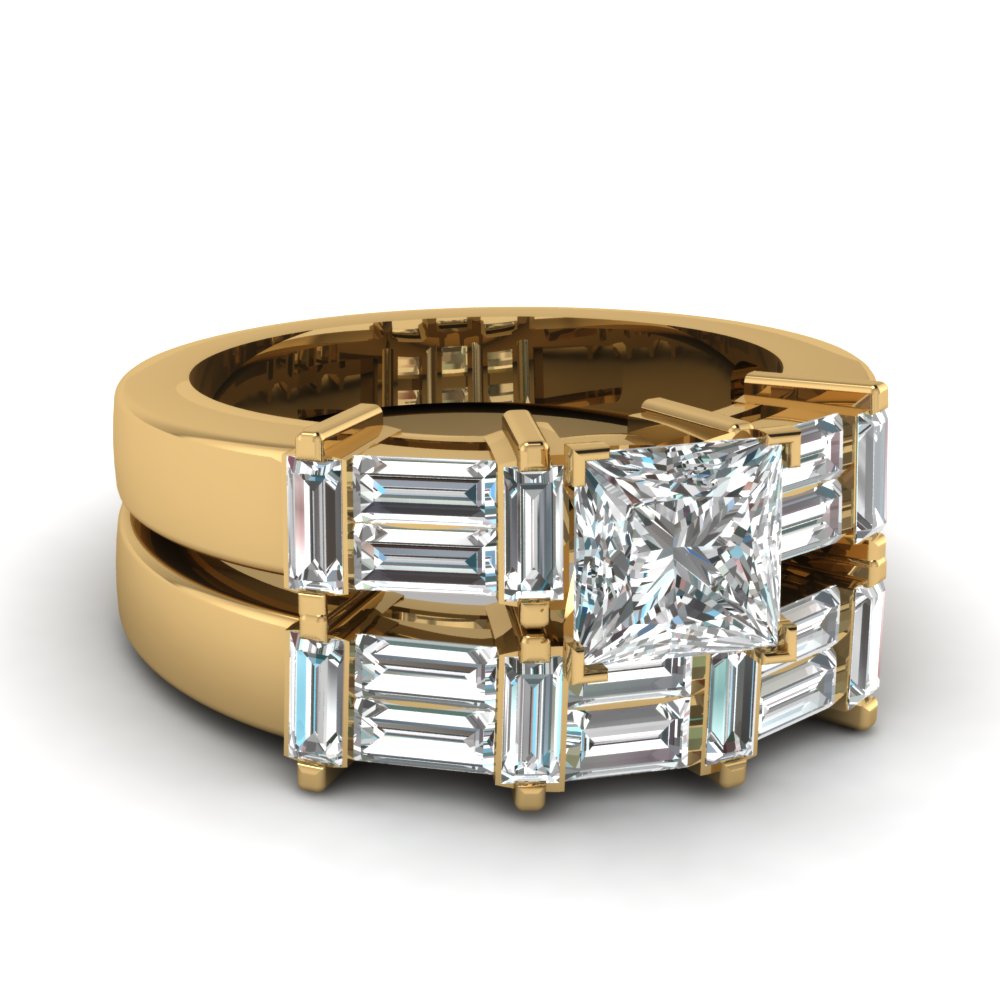 2.5 Ct. Princess Cut And Baguette Diamond Big Wedding Ring Sets In 18K ...