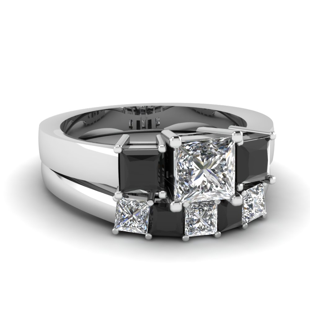 black princess cut diamond engagement ring wedding set