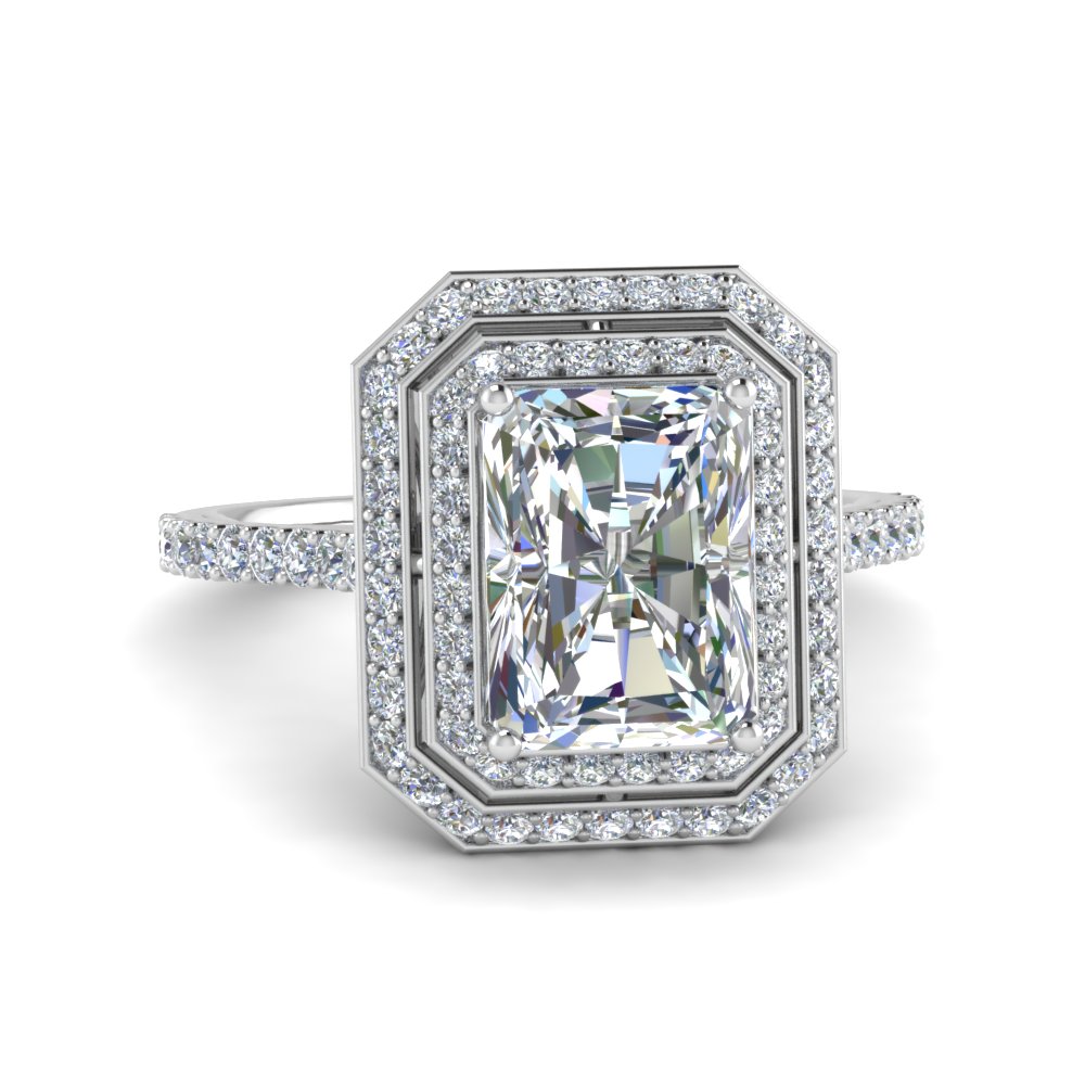 3.00 Ct Radiant Cut Diamond 14K White Gold Over Double Halo Engagement Ring Set 