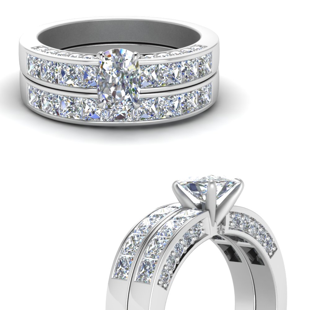 3Ct Cushion Black Diamond Engagement Ring 14K White Gold Over Split Bridal Set 
