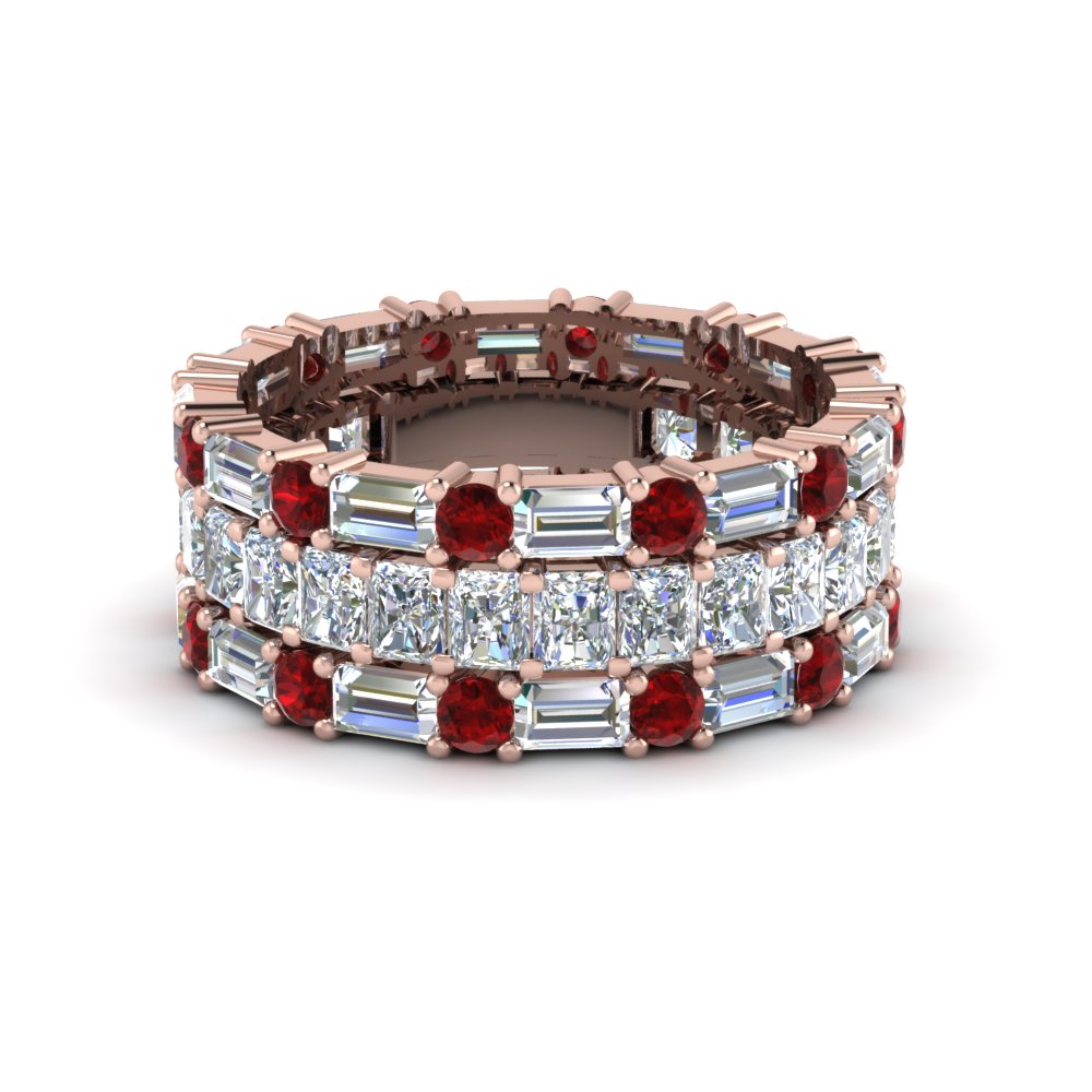 3 Piece Diamond Eternity Anniversary Band With Ruby In 14K