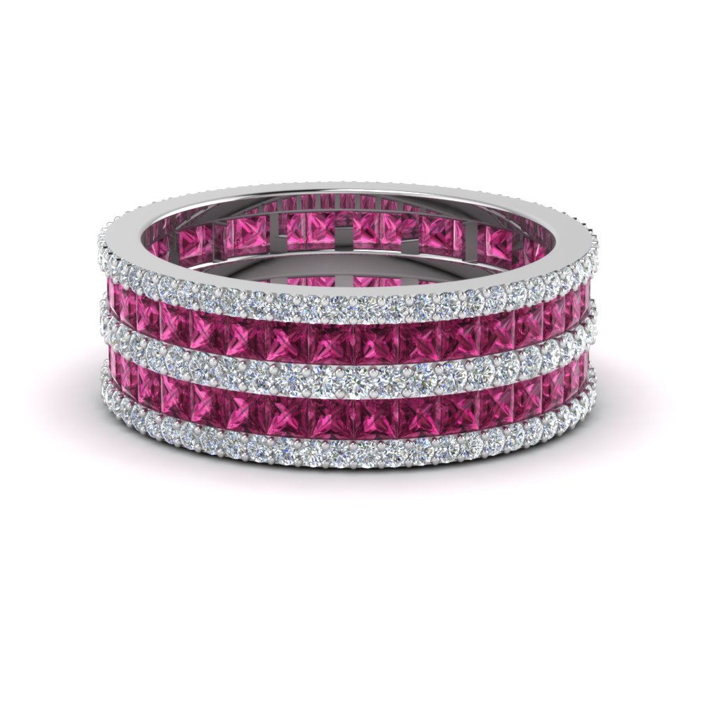 3 Row Antique Diamond Wedding Band With Pink Sapphire In 14K White Gold ...