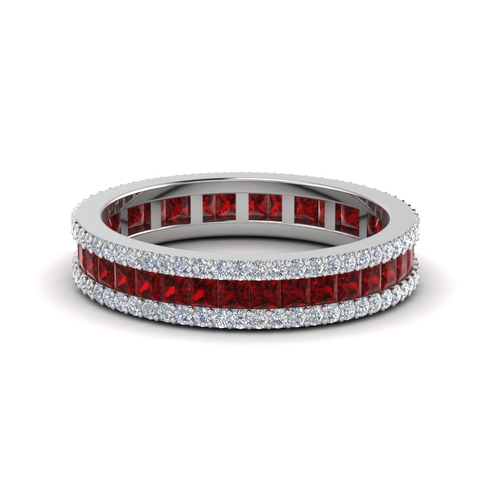 14K Gold Round Ruby And White Diamond Anniversary Stackable Wedding Band 