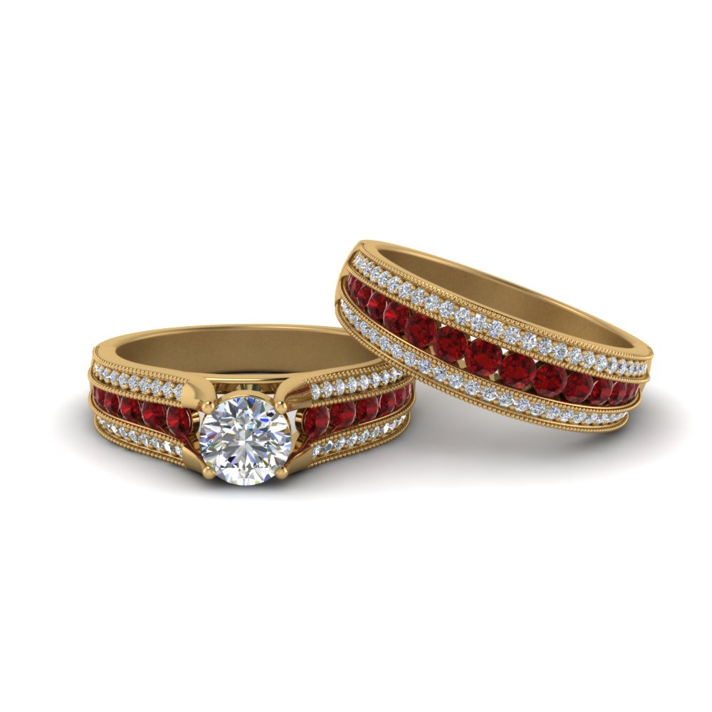 3 Row Diamond Milgrain Bridal Ring Set