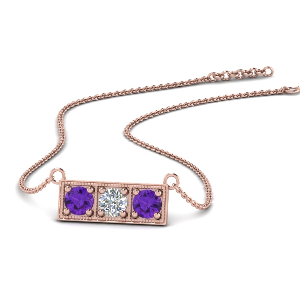 3 Stone Purple Topaz Bar Necklace