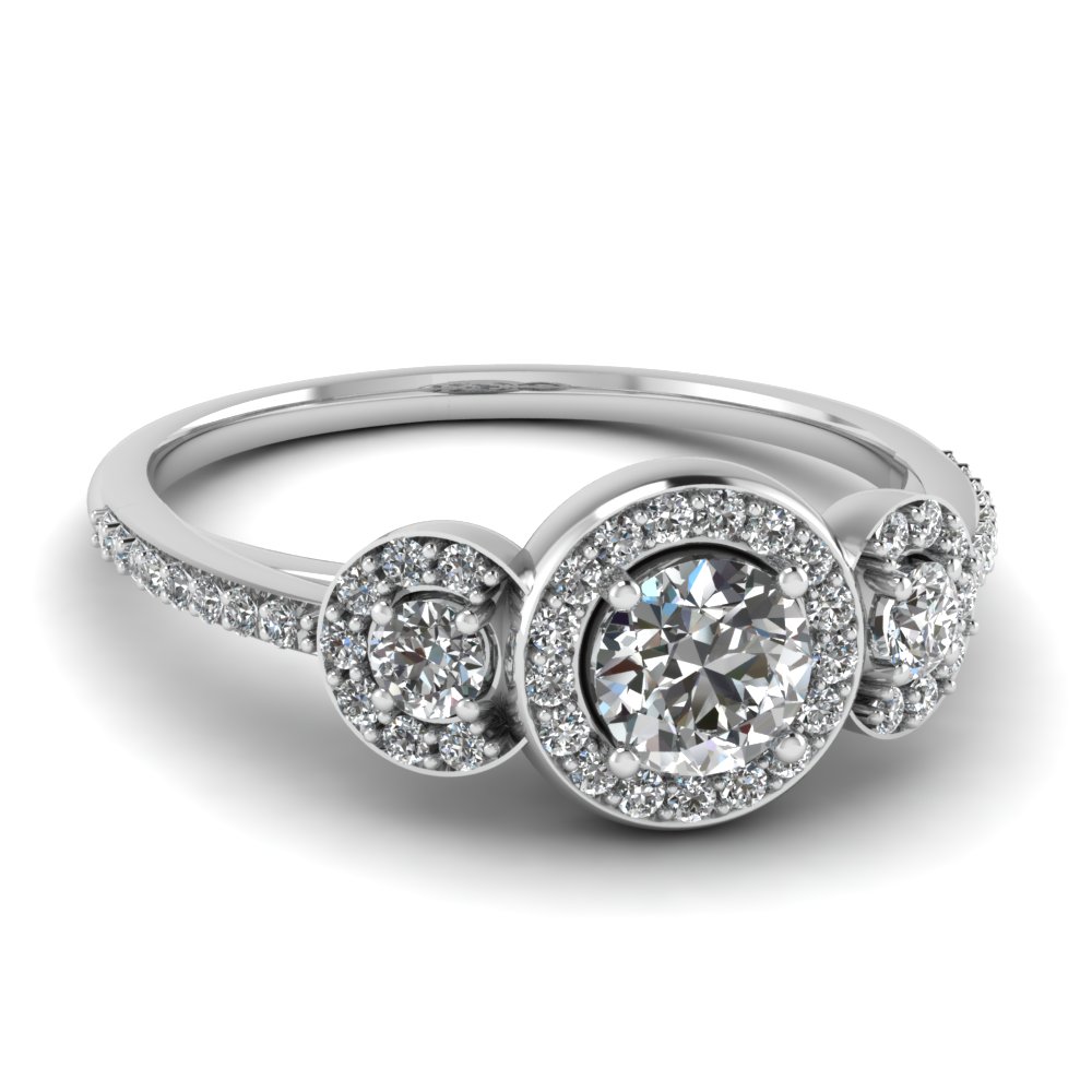 3 Stone  Diamond Petite Halo Vintage Wedding  Ring  In 14K 