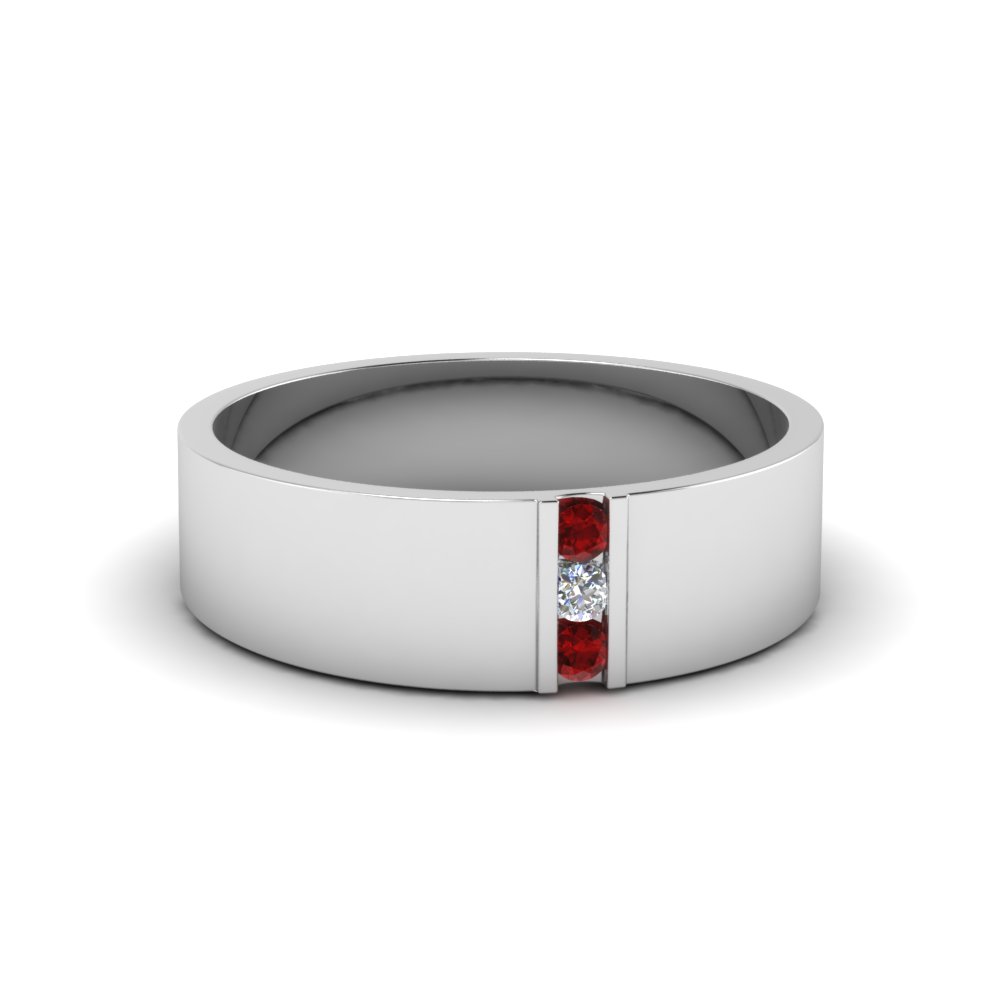14K White Gold Red Ruby Mens Wedding Bands | Fascinating Diamonds