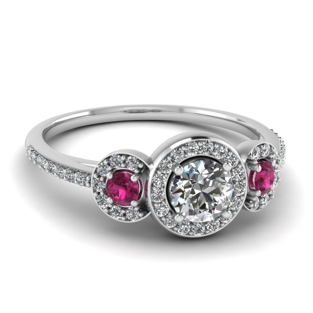 3 Stone Pee Halo Vintage Wedding Ring With Pink Shire In 950 3 Stone Pee Halo Vintage Wedding Ring With Pink Shire In 950 Platinum Fd121999rorgsadrpi Nl Wg