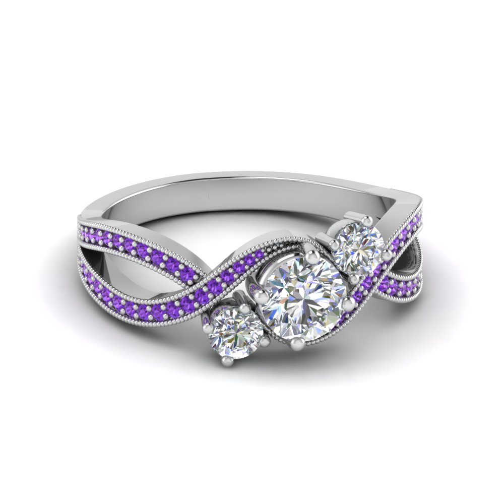 3 Stone Round Diamond Purple Topaz Engagement Ring In 14K White Gold ...