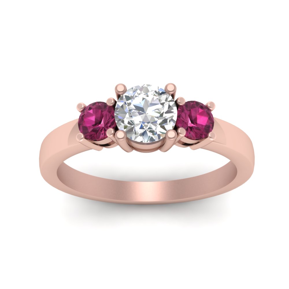 3 Stone Round Engagement Ring With Pink Sapphire In 18K Rose Gold ...