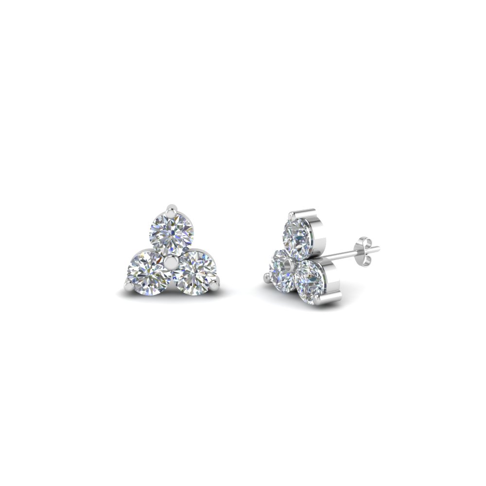 3 Stone Small Diamond Stud Earring For Women In 14k White Gold