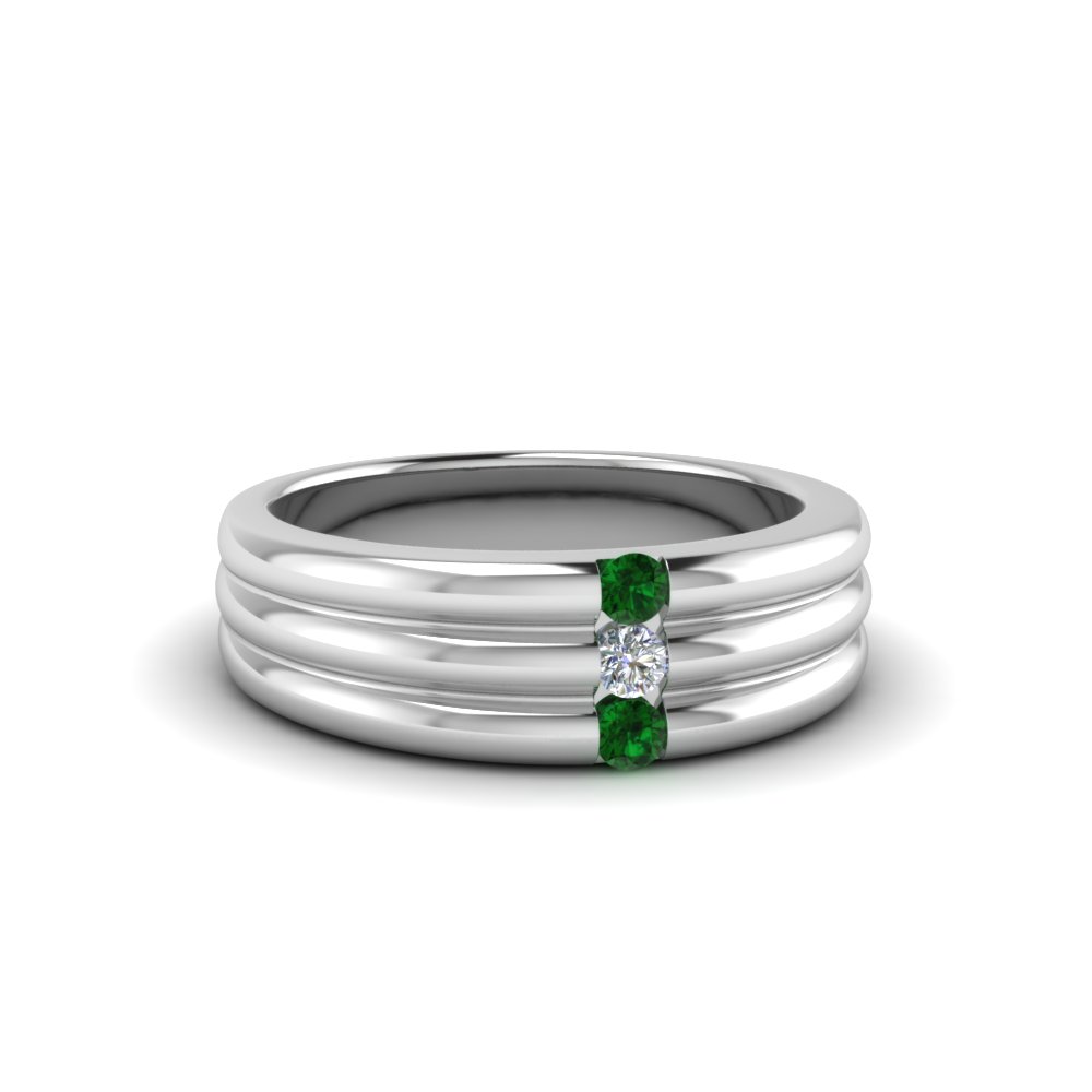 3 Stone Wedding Anniversary Band For Men With Emerald In 14K White Gold   3 Stone Wedding Anniversary Band For Men With Emerald In 14K White Gold FDWBS147BGEMGR NL WG 