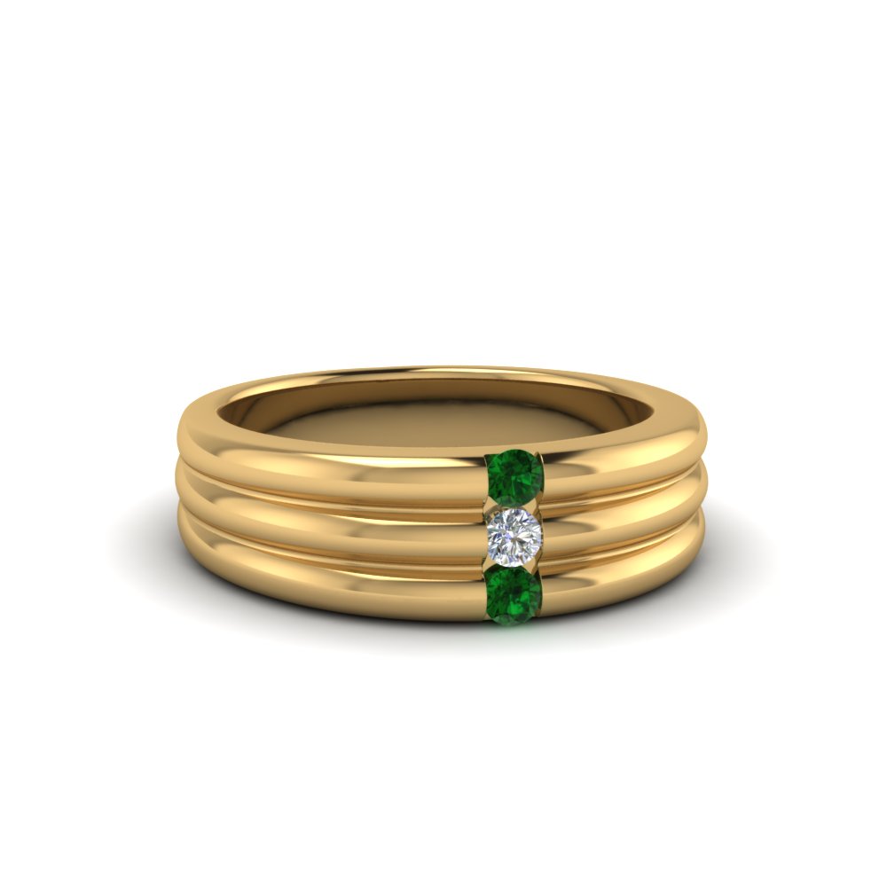 3 stone wedding anniversary band for men with emerald in 14K yellow gold FDWBS147BGEMGR NL YG