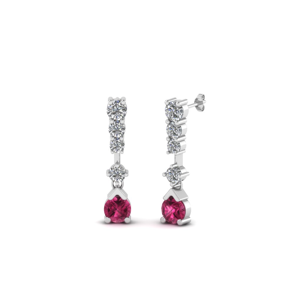 5 Stone Drop Diamond Earring With Pink Sapphire In 14K White Gold