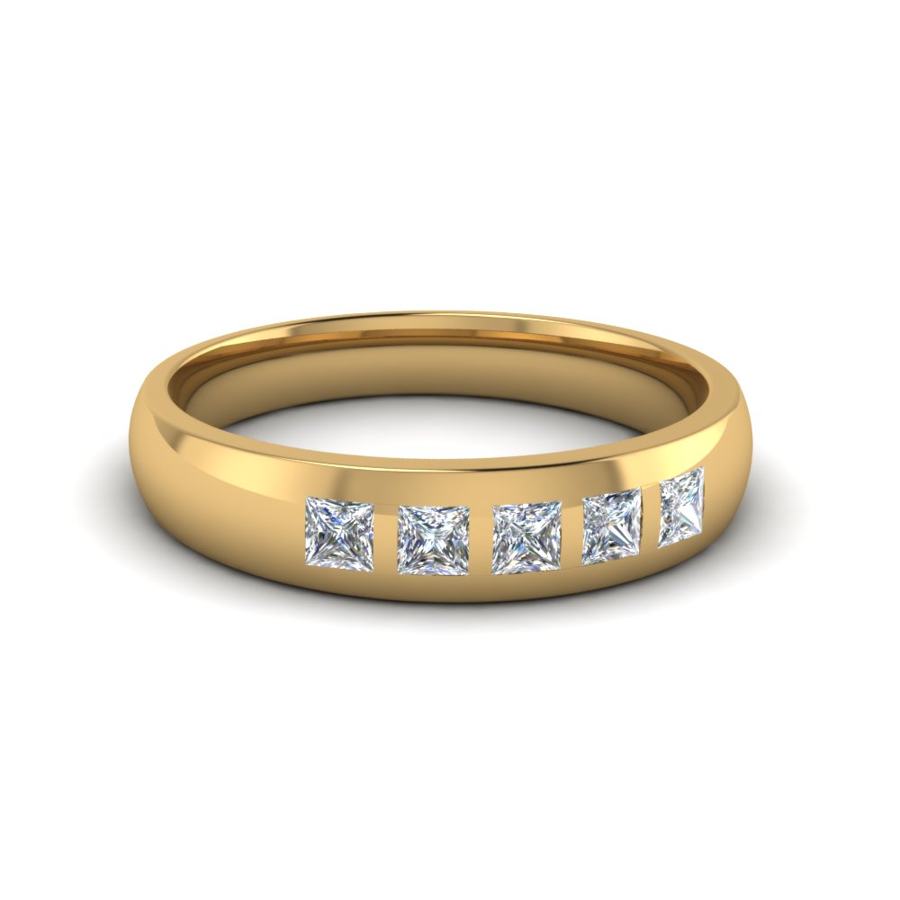 Shop 5 stone flush set diamond wedding band for men in 18K yellow gold at Fascinating Diamonds. This 4.4mm. Wedding Ring is simply designed to suit your persona