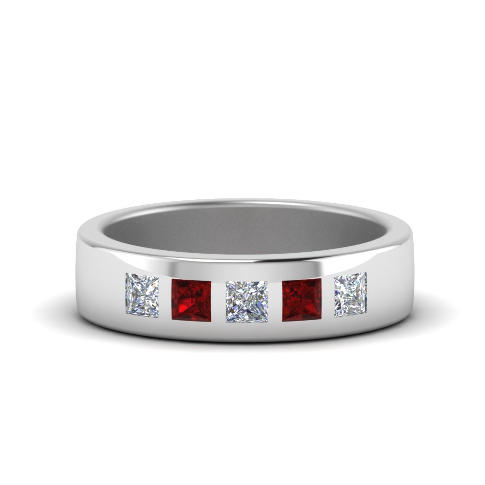 5-stone-flush-set-diamond-wedding-band-for-men-with-ruby-in-FDM120146PRGRUDR-NL-WG