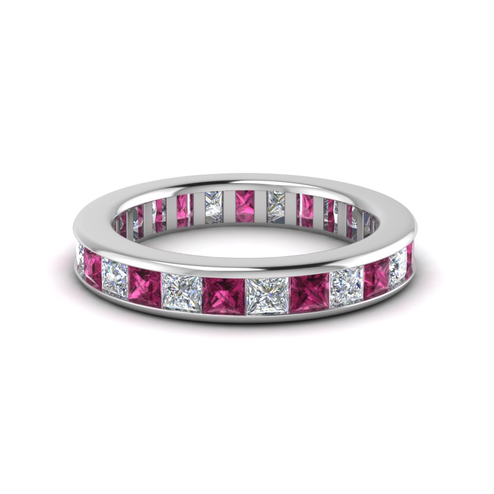 4 Ct. Channel Set Eternity Diamond Band For Her With Pink Sapphire In 18K  White Gold