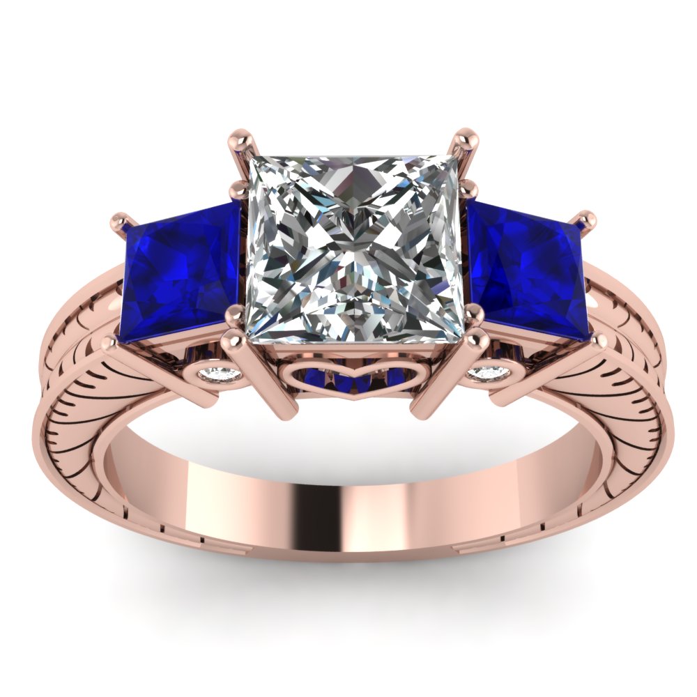 Antique Engraved 1.50 Ct. Princess Cut Three Diamond Engagement Ring ...