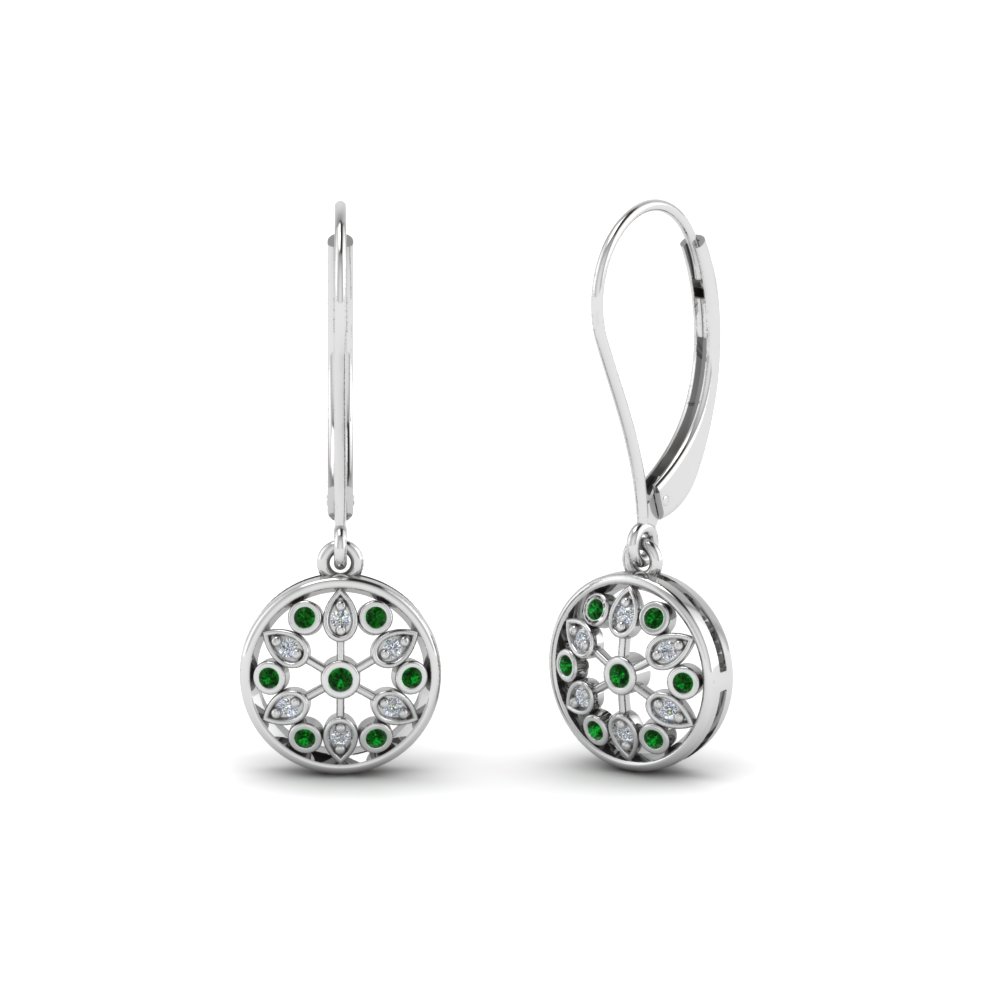 antique floral drop dangle diamond earring with emerald in 18K white gold FDEAR8677GEMGR NL WG