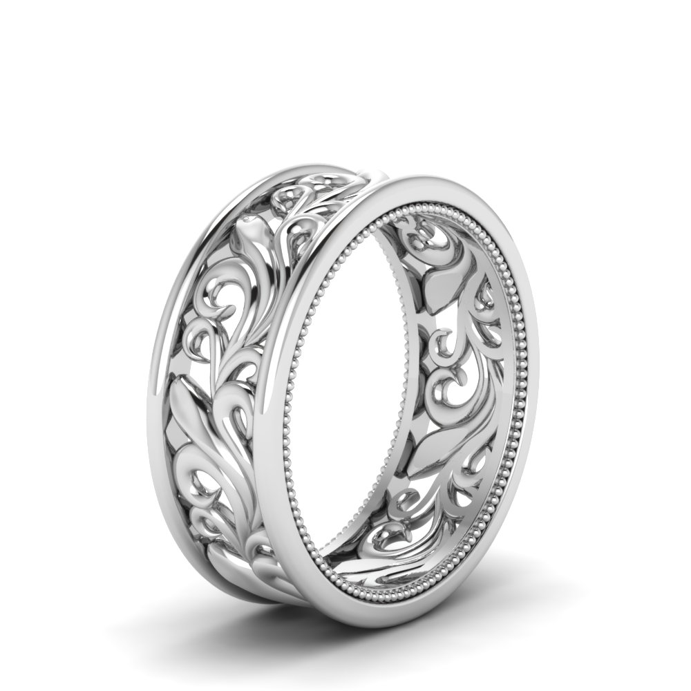 Antique Mens Wide Filigree Band In 14K White Gold | Fascinating Diamonds