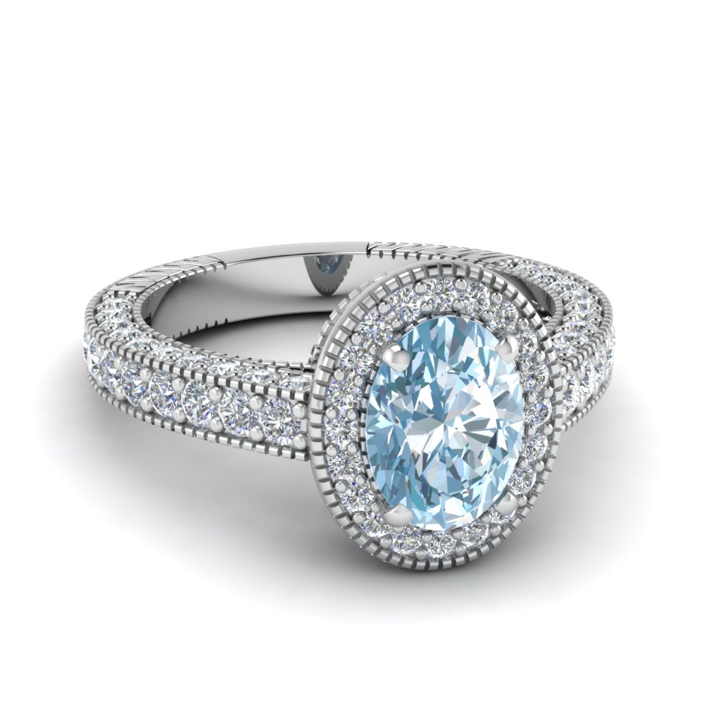Vintage Oval Shaped Aquamarine Halo Engagement Ring In 14K White Gold ...