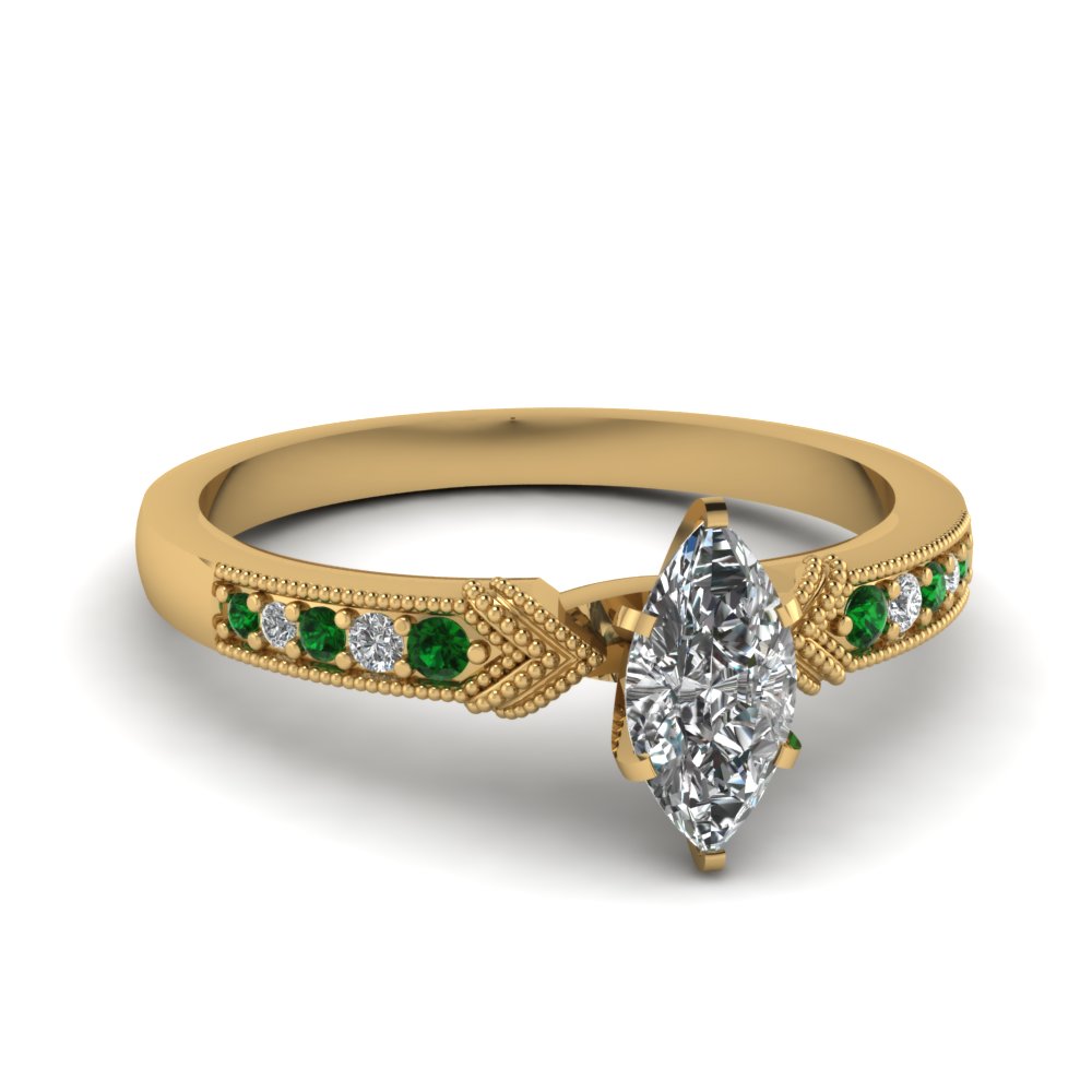Marquise Cut Emerald Milgrain Engagement Rings