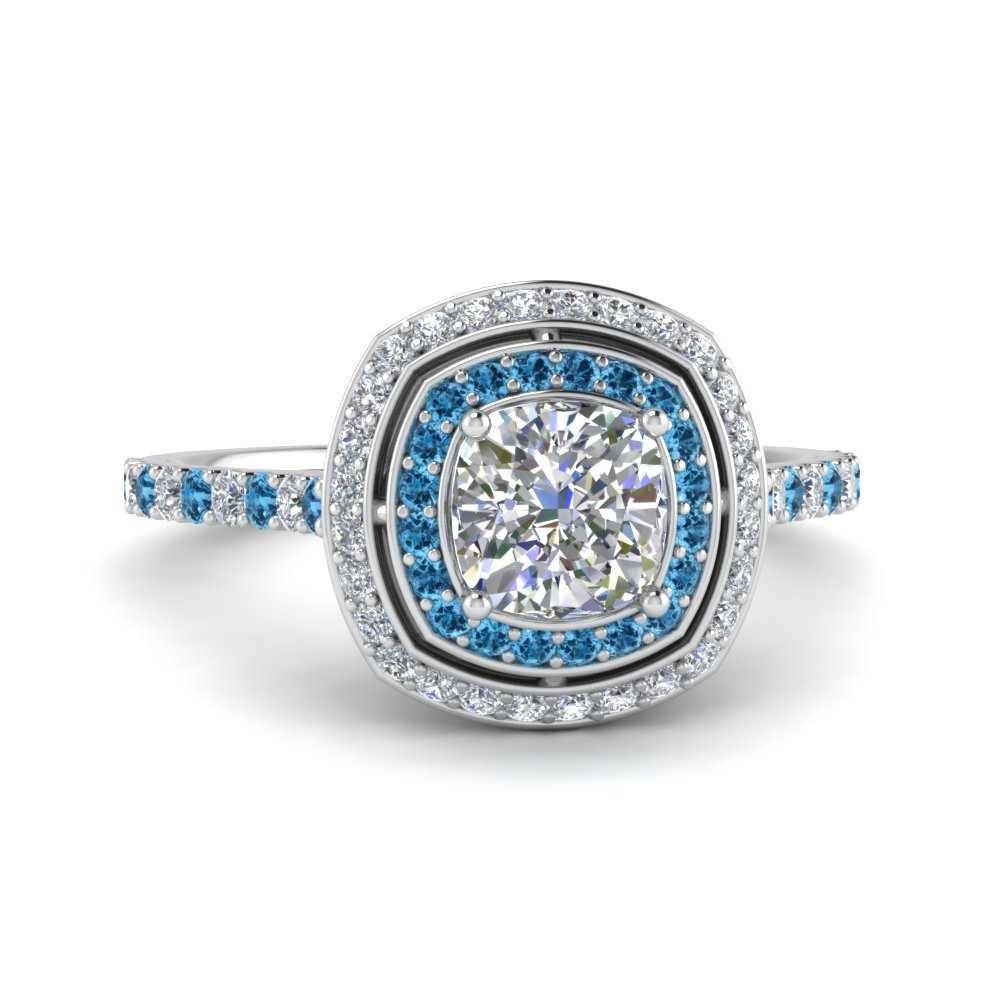 Petite Cushion Diamond Engagement Ring With Blue Topaz Double Halo