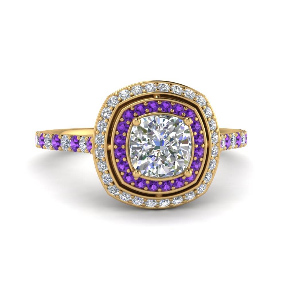 Petite Cushion Diamond Engagement Ring With Purple Topaz Double