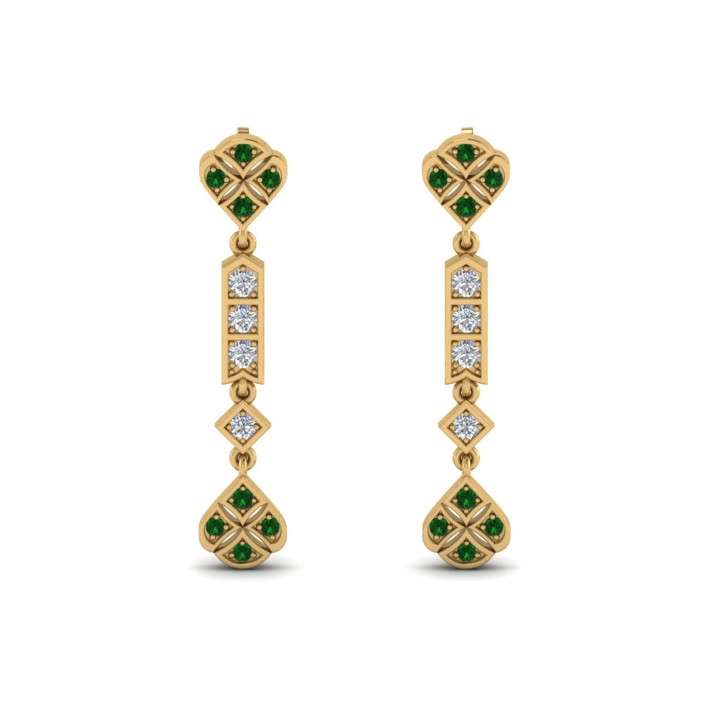 Art Deco Green Emerald & Diamond Vintage Stud Earrings 14k Yellow Gold Finish 
