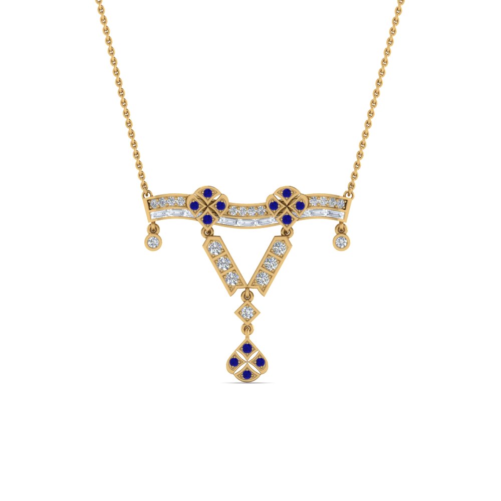 art deco diamond necklace pendant with sapphire in FDPD8472GSABLANGLE2 NL YG