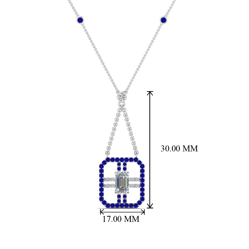 Art Deco Emerald Cut Diamond Pendant With Sapphire In 14K White Gold ...