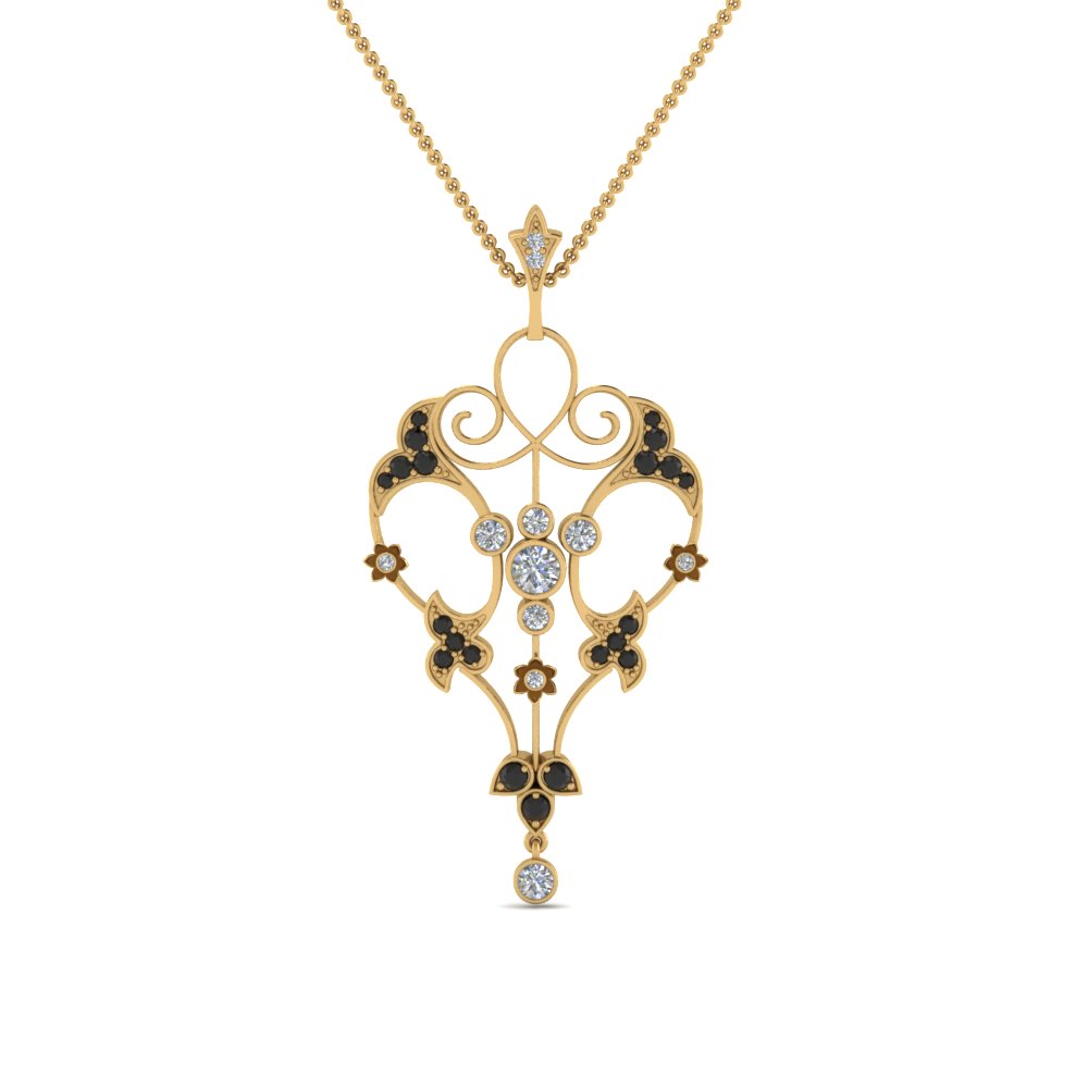 art deco filigree necklace with black diamond in FDPD8600GBLACKANGLE2 NL YG