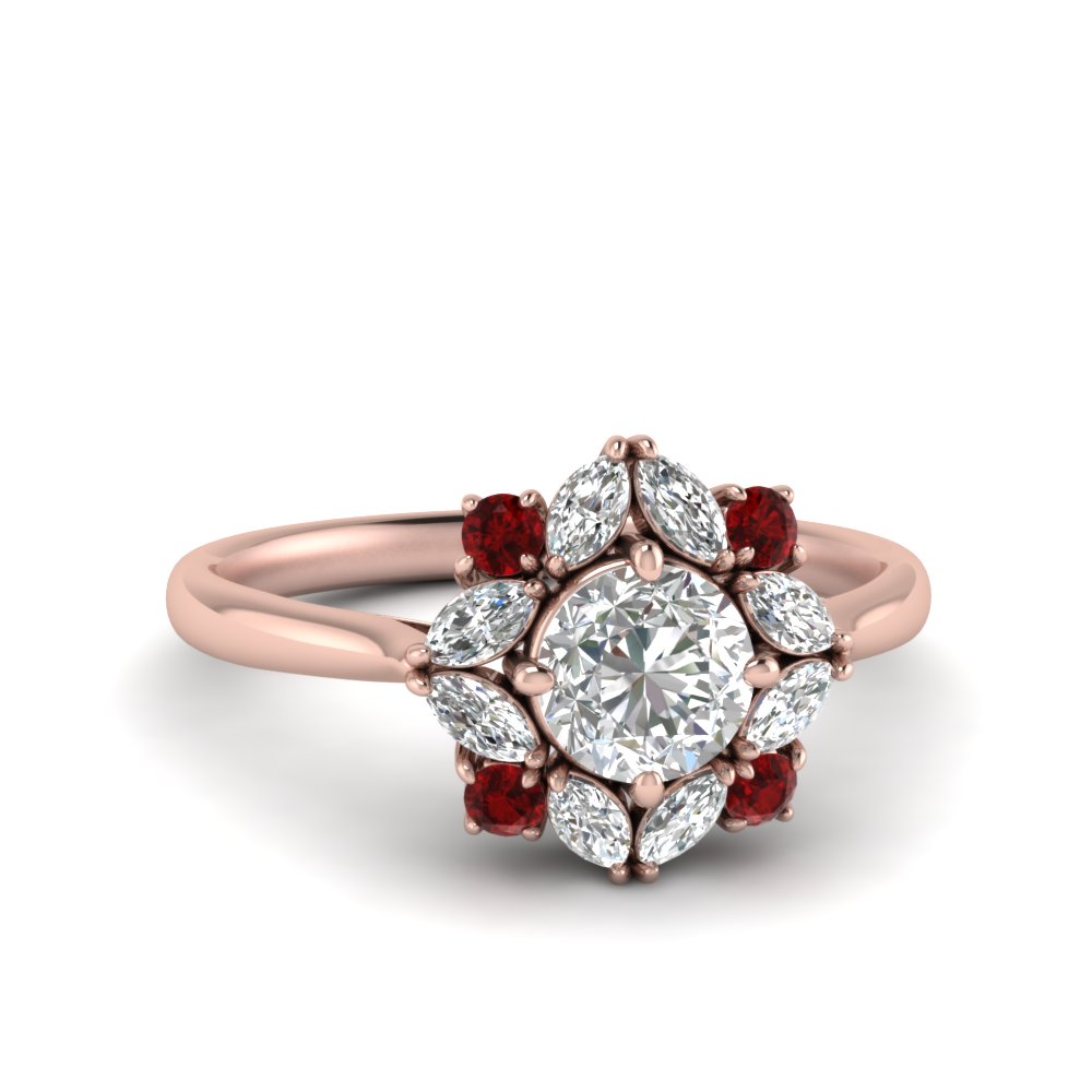 Art Deco Halo Diamond Engagement Ring With Ruby In 14k Rose Gold Fascinating Diamonds