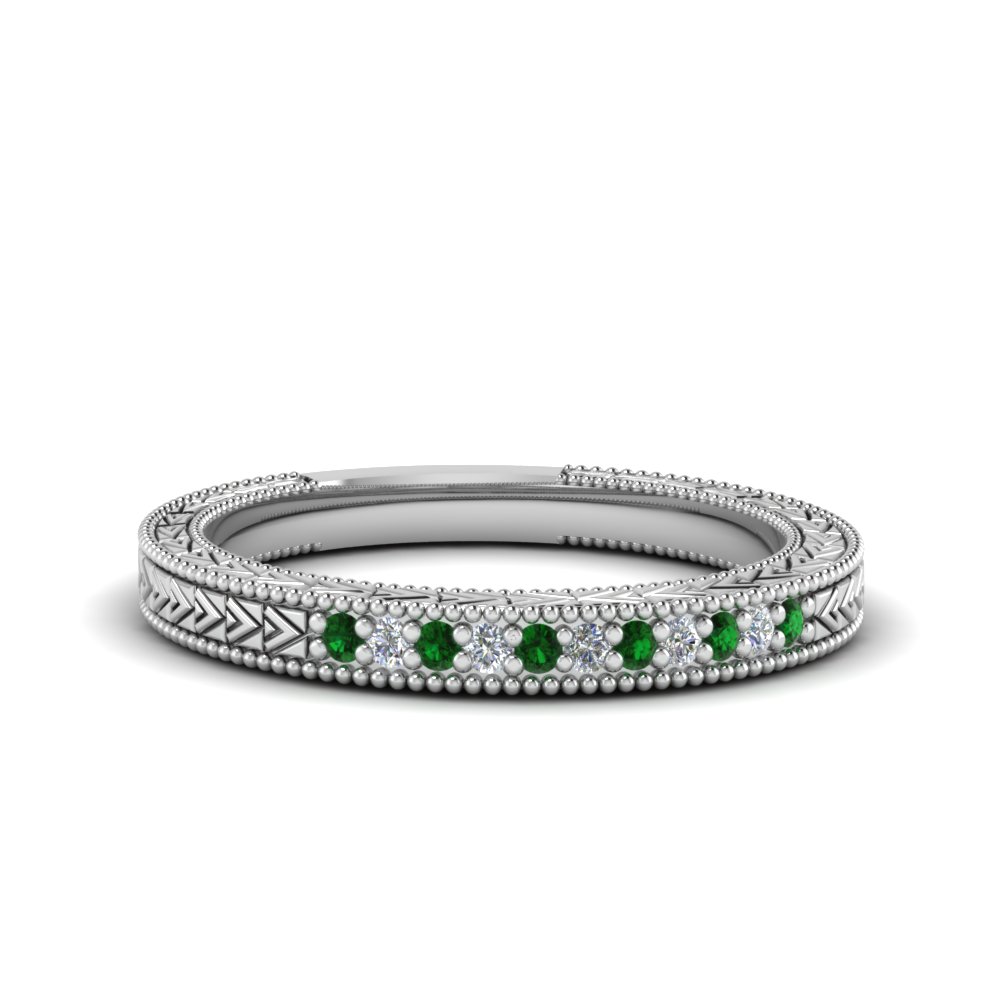 art deco pave diamond wedding band with emerald in FDENS3033BGEMGR NL WG